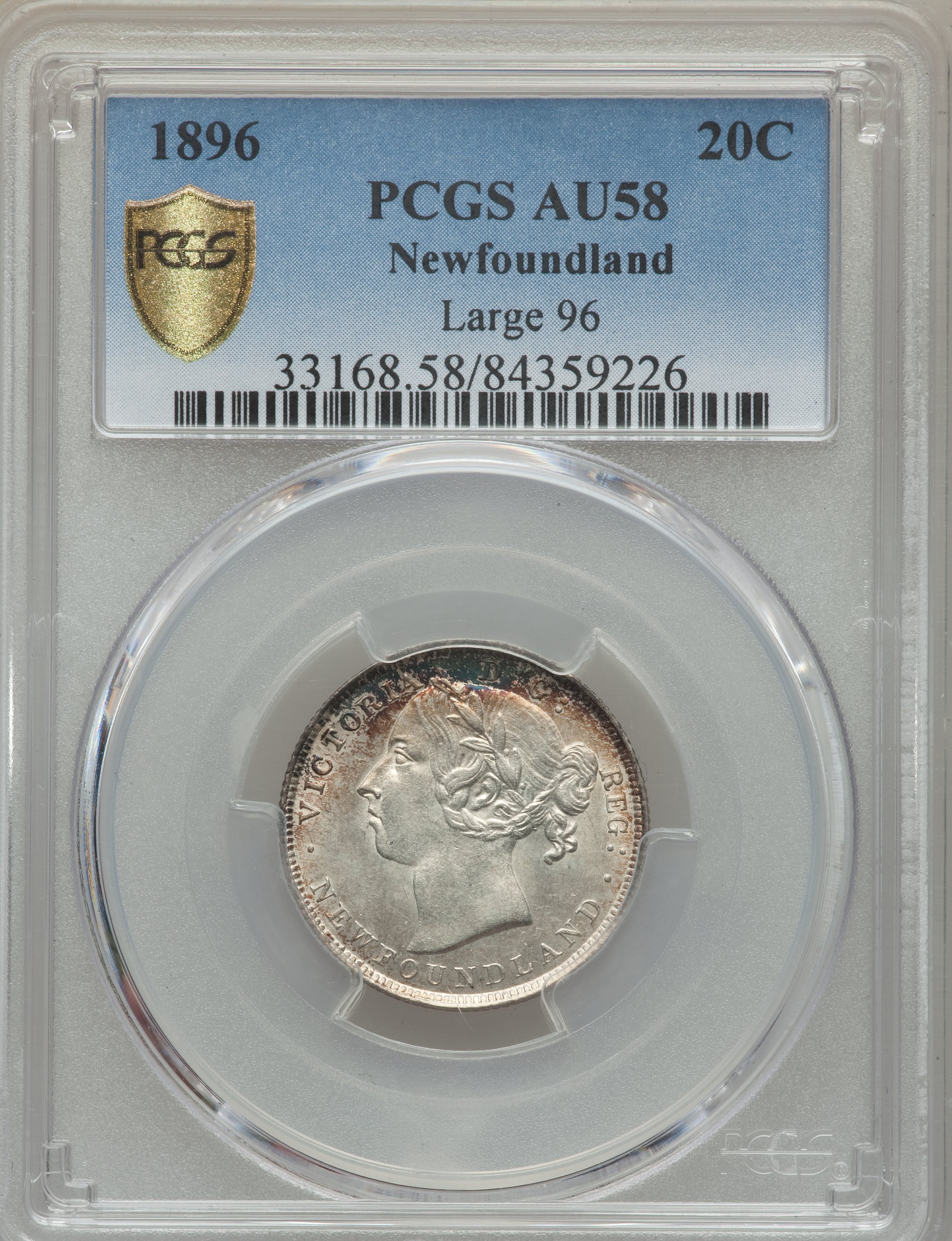 image for: Newfoundland. Victoria "Large 96" 20 Cents 1896 AU58 PCGS