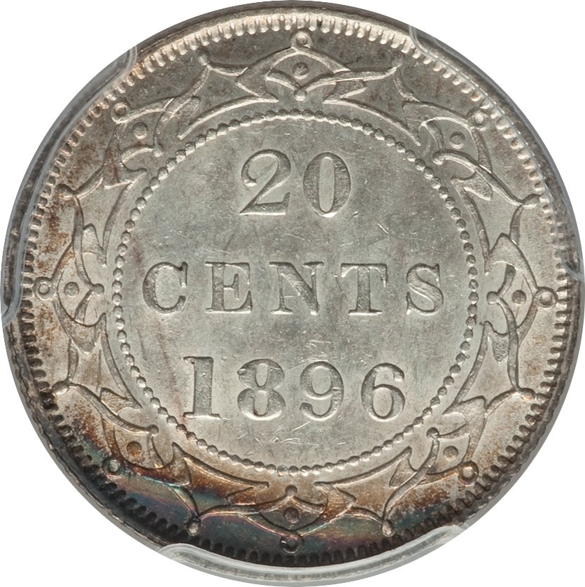 image for: Newfoundland. Victoria "Large 96" 20 Cents 1896 AU58 PCGS
