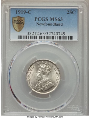 image for: Newfoundland. George V 25 Cents 1919-C MS63 PCGS