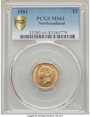 image for: Newfoundland. Victoria gold 2 Dollars 1881 MS61 PCGS