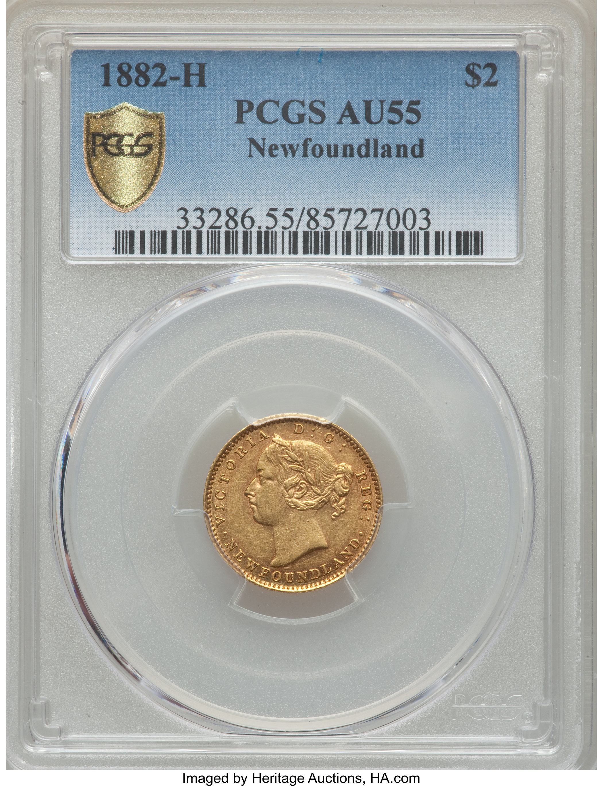 image for: Newfoundland. Victoria gold 2 Dollars 1882-H AU55 PCGS