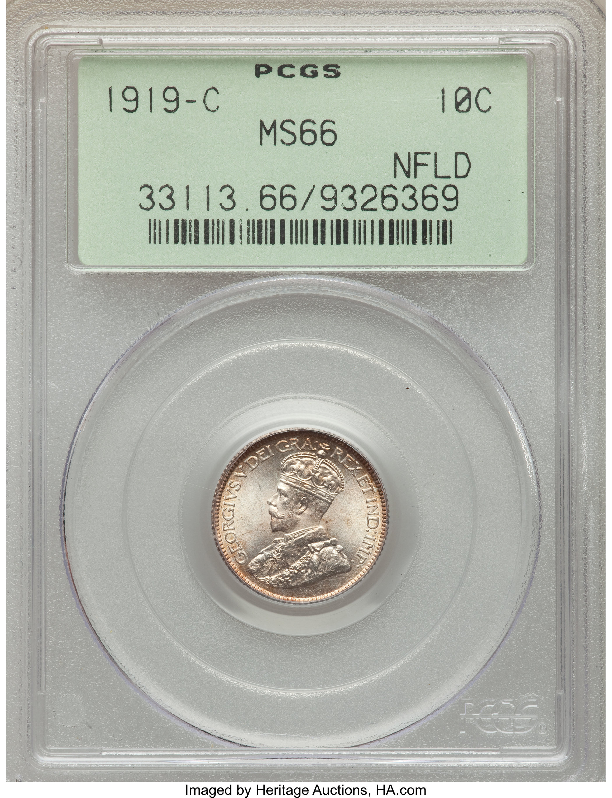 image for: Newfoundland. George V 10 Cents 1919-C MS66 PCGS