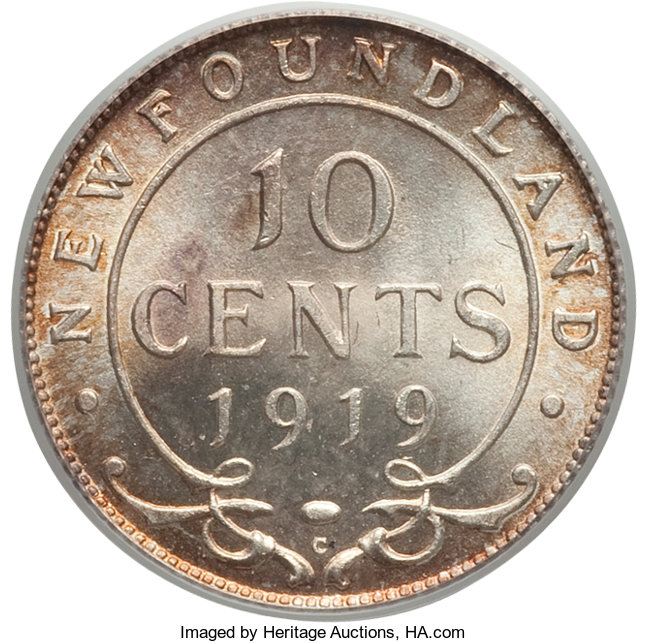 image for: Newfoundland. George V 10 Cents 1919-C MS66 PCGS