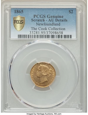 image for: Newfoundland. Victoria gold 2 Dollars 1865 AU Details (Scratched) PCGS