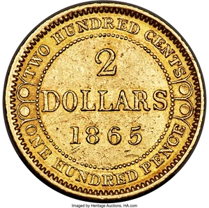 image for: Newfoundland. Victoria gold 2 Dollars 1865 AU Details (Scratched) PCGS