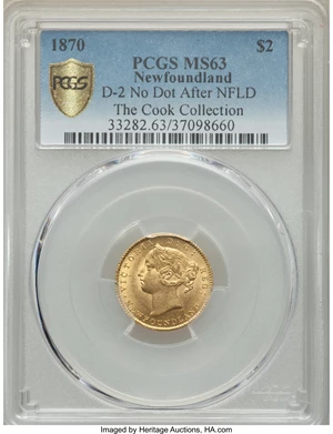 image for: Newfoundland. Victoria gold 2 Dollars 1870 MS63 PCGS