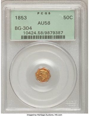 image for: 1853 50C Liberty Octagonal 50 Cents, BG-304, Low R.5, AU58 PCGS. PCGS Population (7/33). NGC Census: (2/5). (#10424)...