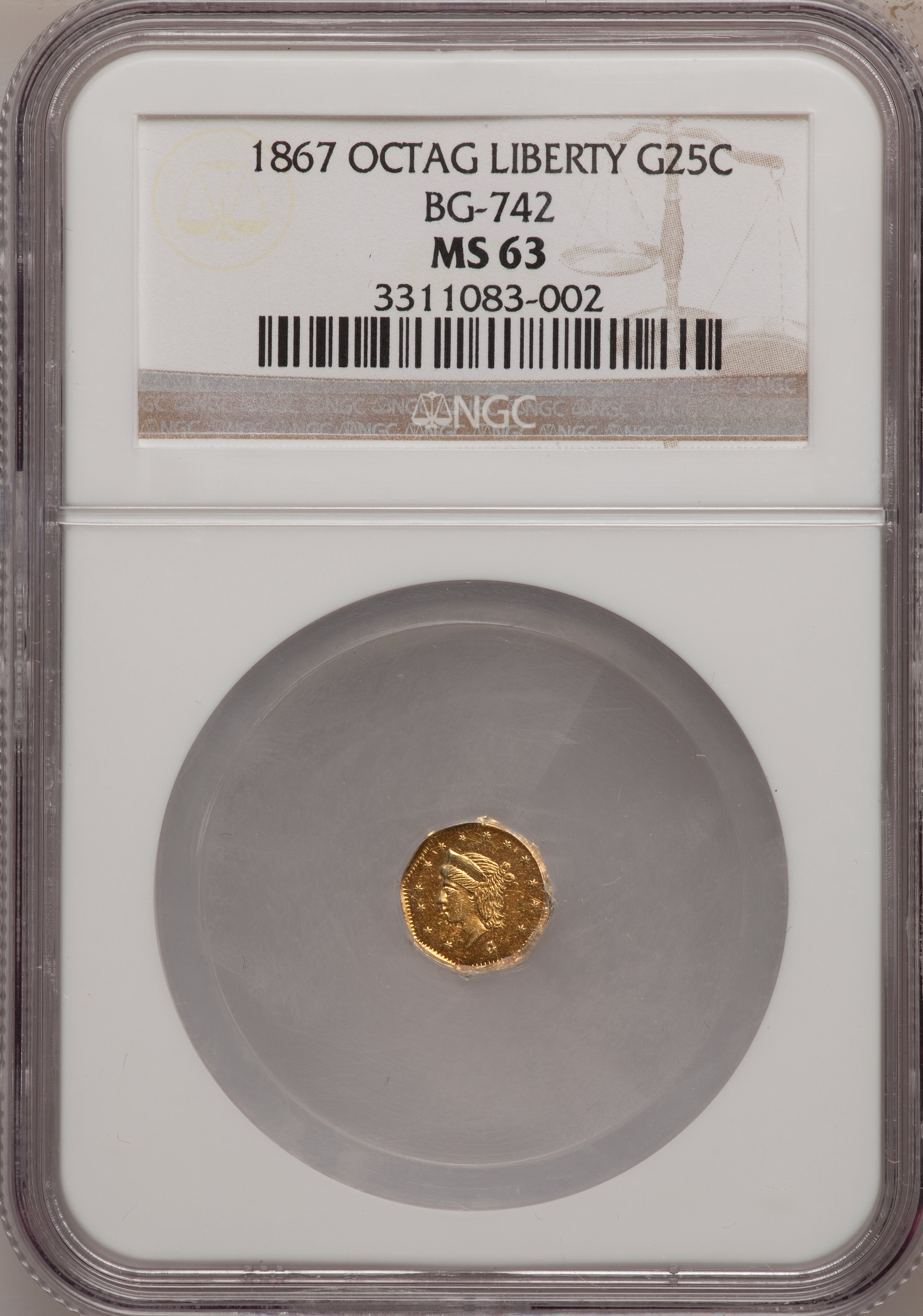 image for: 1867 25C Liberty Octagonal 25 Cents, BG-742, Low R.7, MS63 NGC. NGC Census: (1/0). PCGS Population (0/0).   (#10569)...