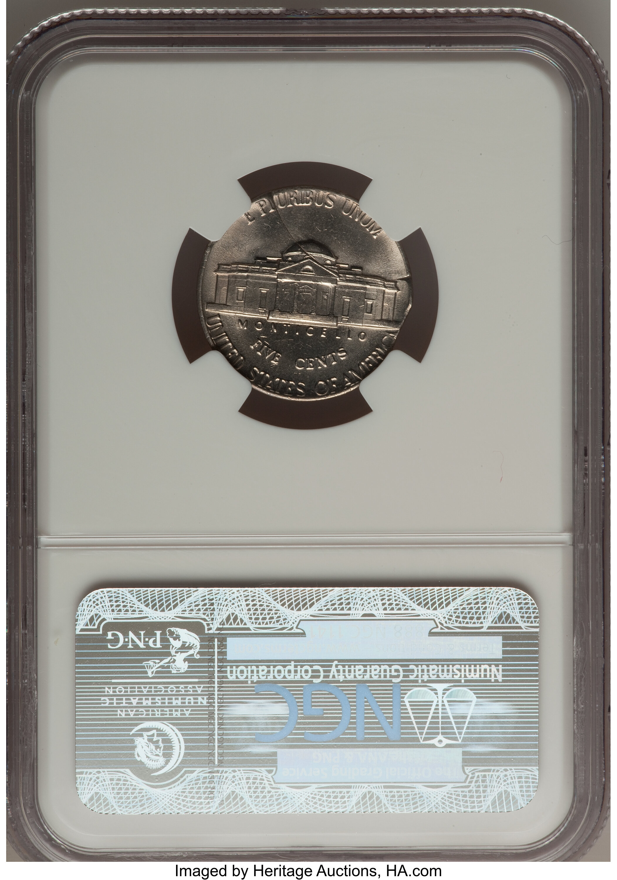 image for: 1973 5C Jefferson Nickel--Stuck on Incomplete and Curved Clip Planchet--MS64 NGC. Ex: New England Collection.From The ...
