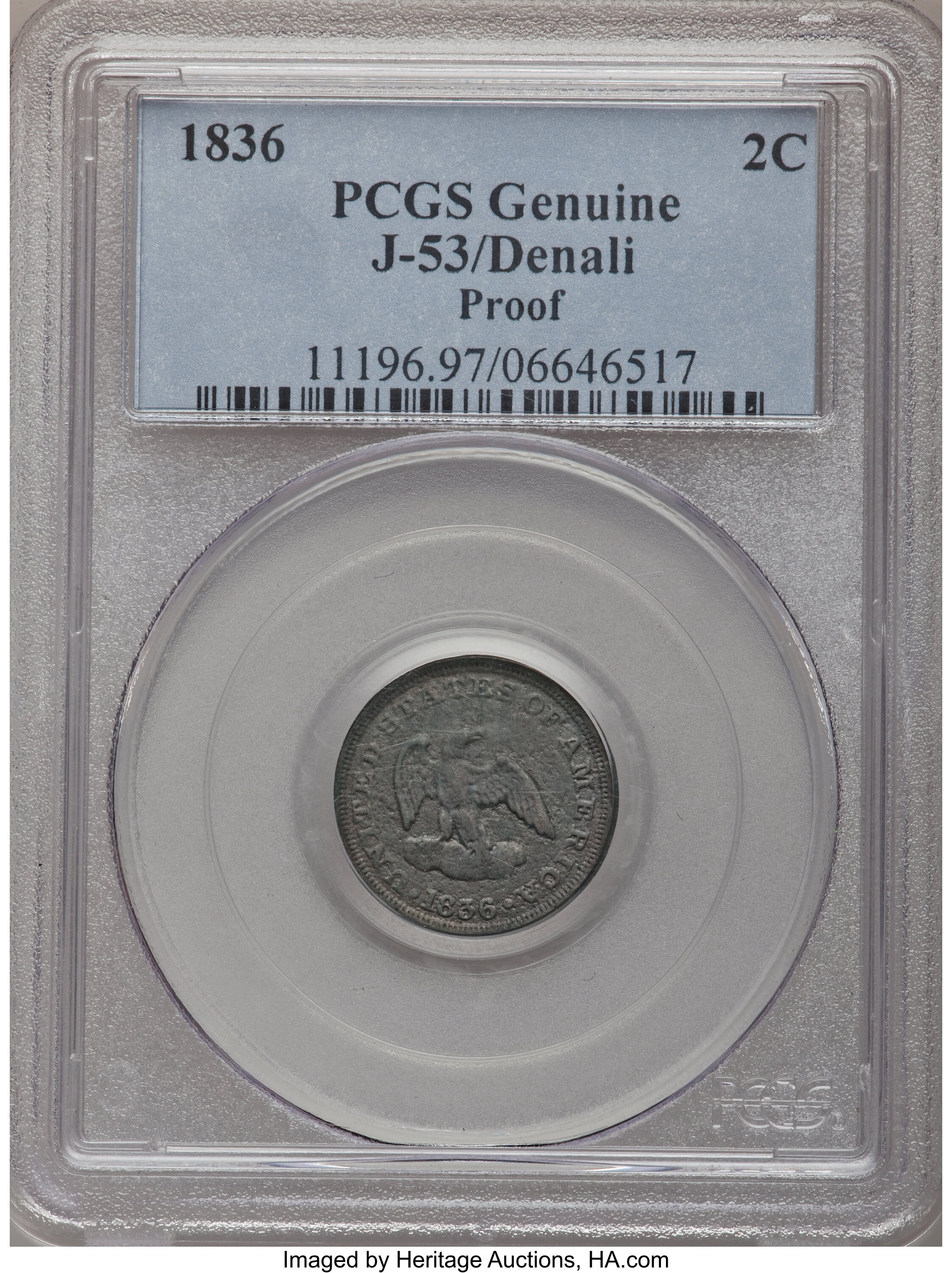 image for: 1836 P2C Two Cents, Judd-53, Pollock-54, Low R.6, Genuine PCGS. Proof....
