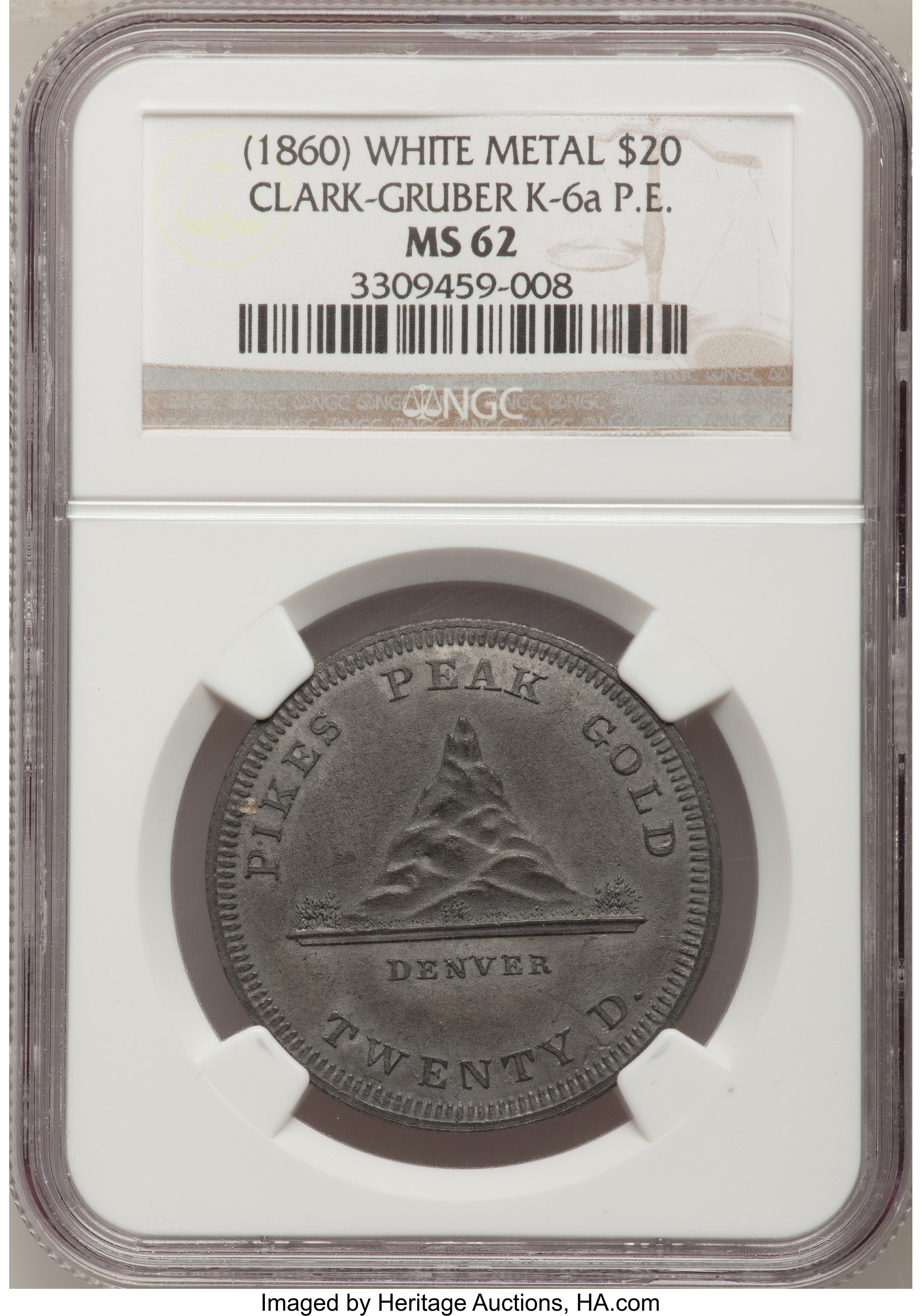 image for: 1860 $20 Uniface Obverse White Metal Die Trial Clark, Gruber $20 MS62 NGC. "K-6a."...