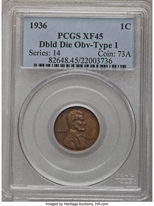 image for: 1936 1C Doubled Die Obverse Type One XF45 PCGS. PCGS Population (12/12). NGC Census: (0/0). (#82648)From The Connelly...