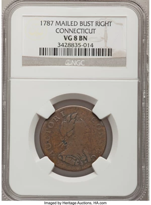 image for: 1787 COPPER INDE ET LIB Mailed Bust Right Connecticut Copper VG8 NGC. M. 1.3-L, W-2735, R.6....