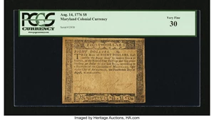 image for: Maryland August 14, 1776 $8 PCGS Very Fine 30....