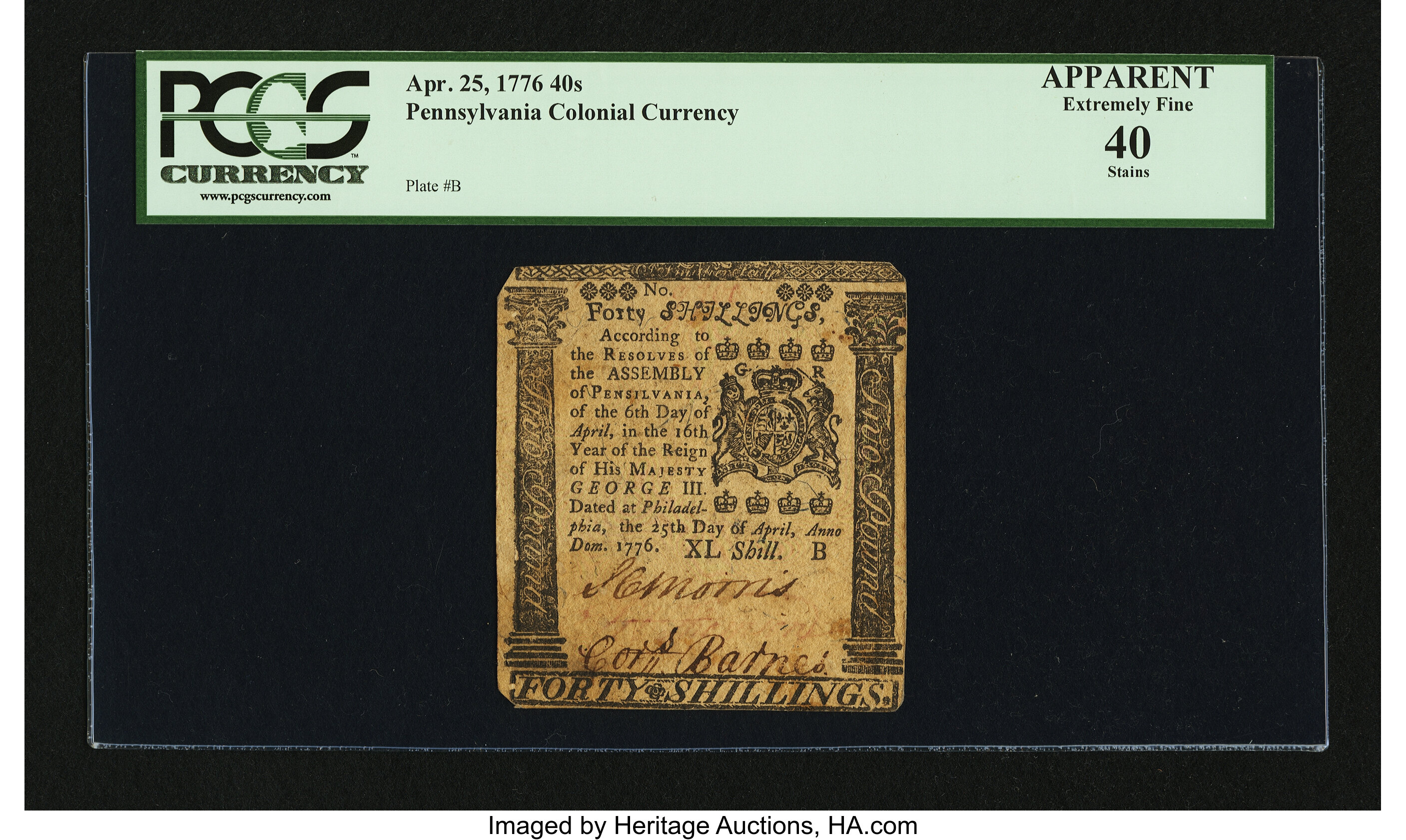 image for: Pennsylvania April 25, 1776 40s PCGS Apparent Extremely Fine 40....