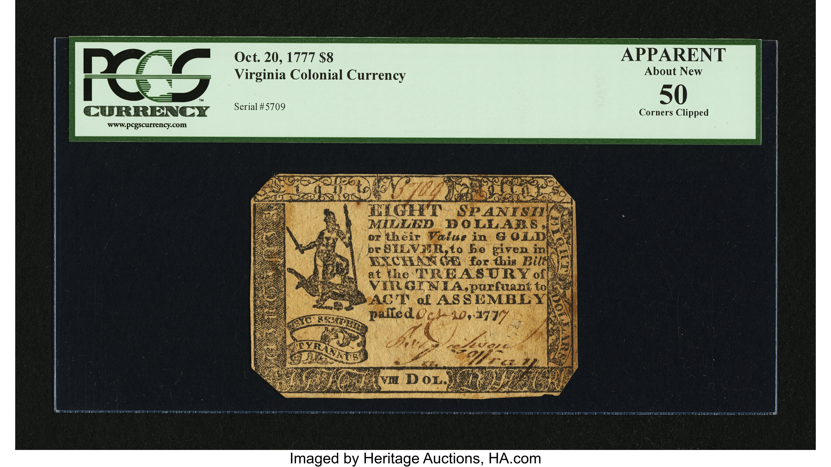 image for: Virginia October 20, 1777 $8 PCGS Apparent About New 50....
