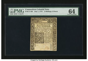 image for: Connecticut July 1, 1775 2s 6d PMG Slash Cancel Choice Uncirculated 64....