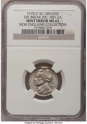 image for: 1978-D Jefferson Nickel--Obverse Die Break JNC-78D-1--AU58 NGC, ex: New England Collection; 1978-D Jefferson Nickel--Obver... (Total: 4 coins)