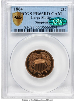 image for: 1864 2C Large Motto PR66 Red Cameo PCGS Secure. CAC....