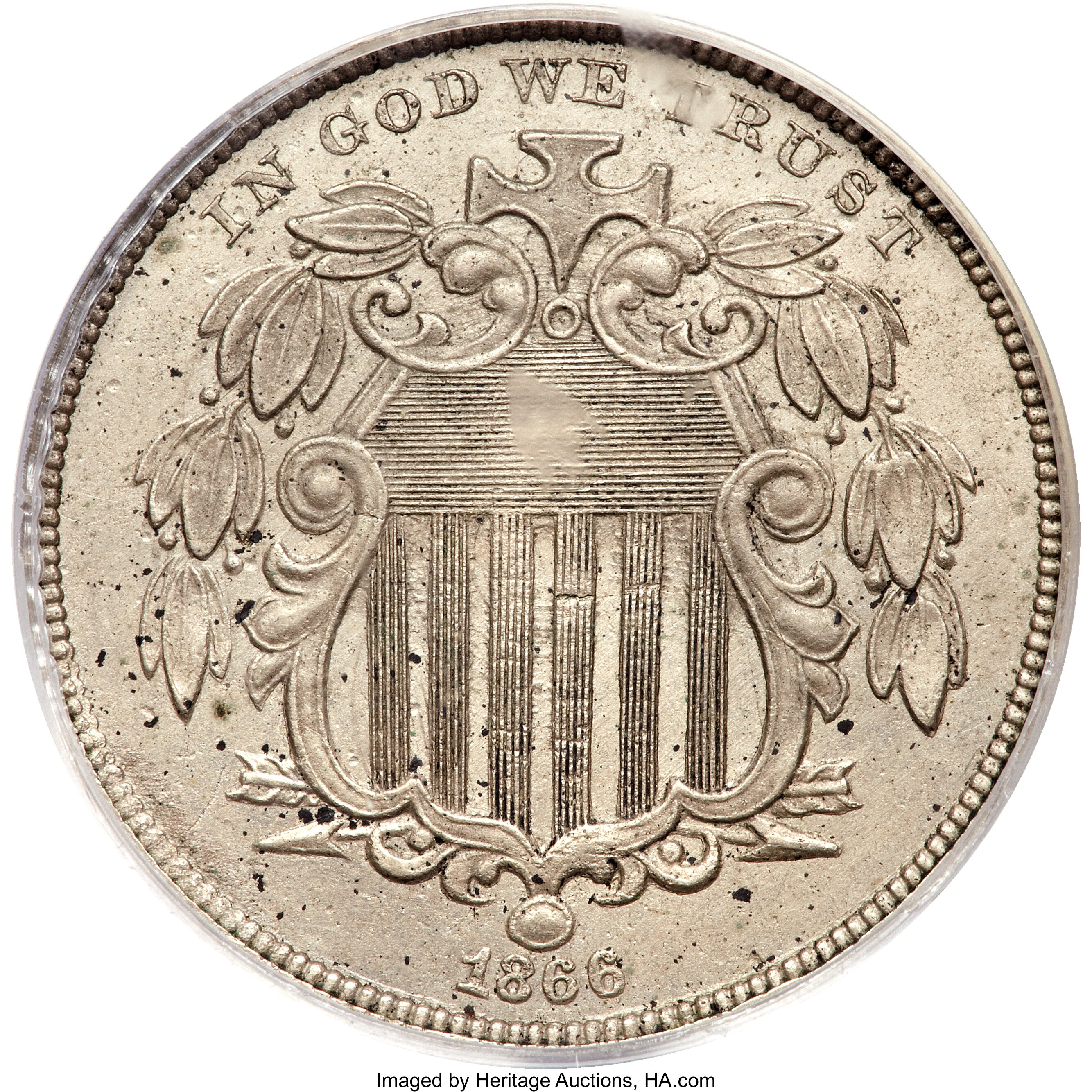 image for: 1866 5C Shield Five Cents, Judd-531A, Pollock-596, R.8, PR62 PCGS....