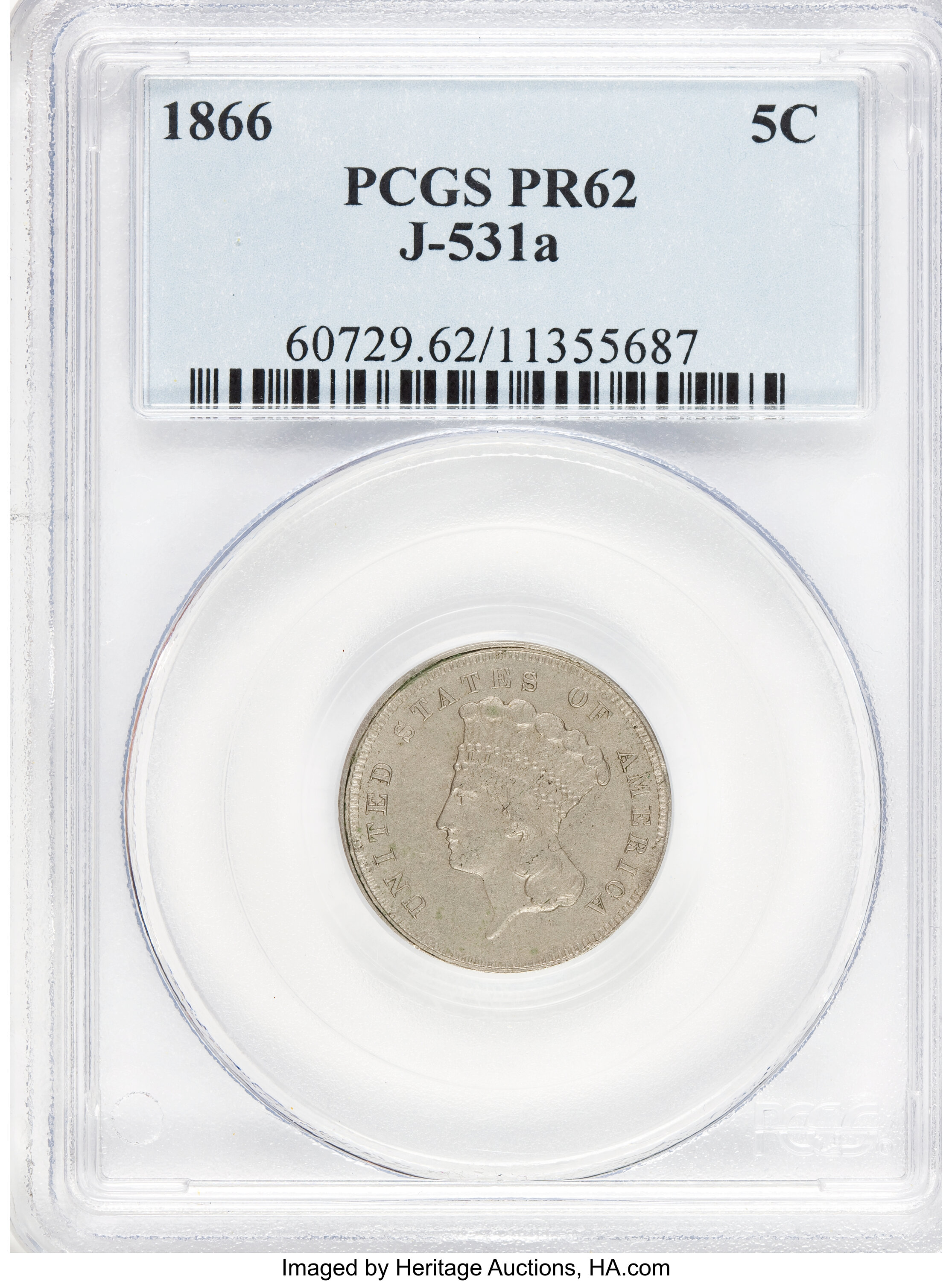image for: 1866 5C Shield Five Cents, Judd-531A, Pollock-596, R.8, PR62 PCGS....