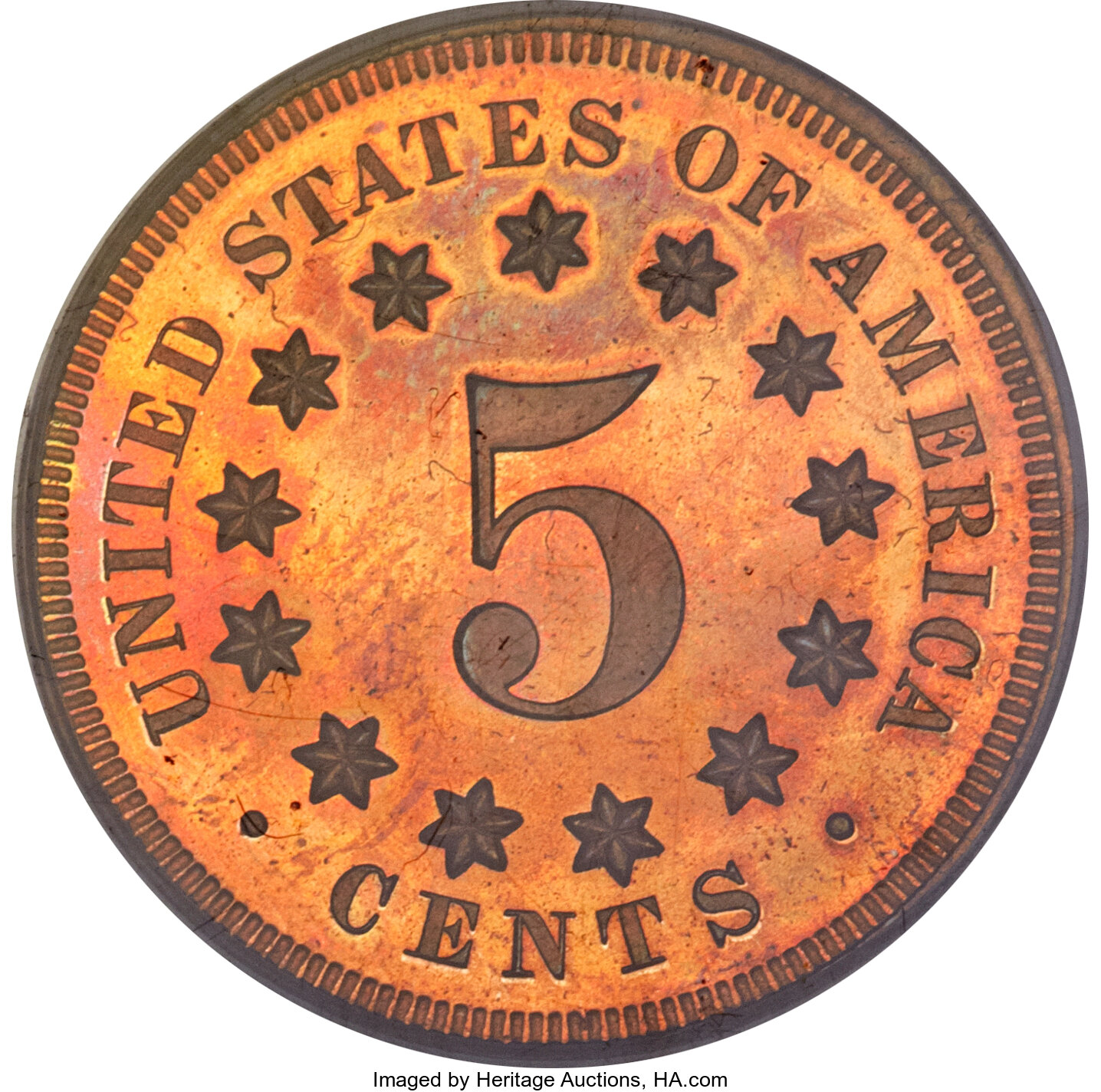 image for: 1867 5C Five Cents, Judd-573, Pollock-650, R.6-7, PR65 Red Cameo PCGS....