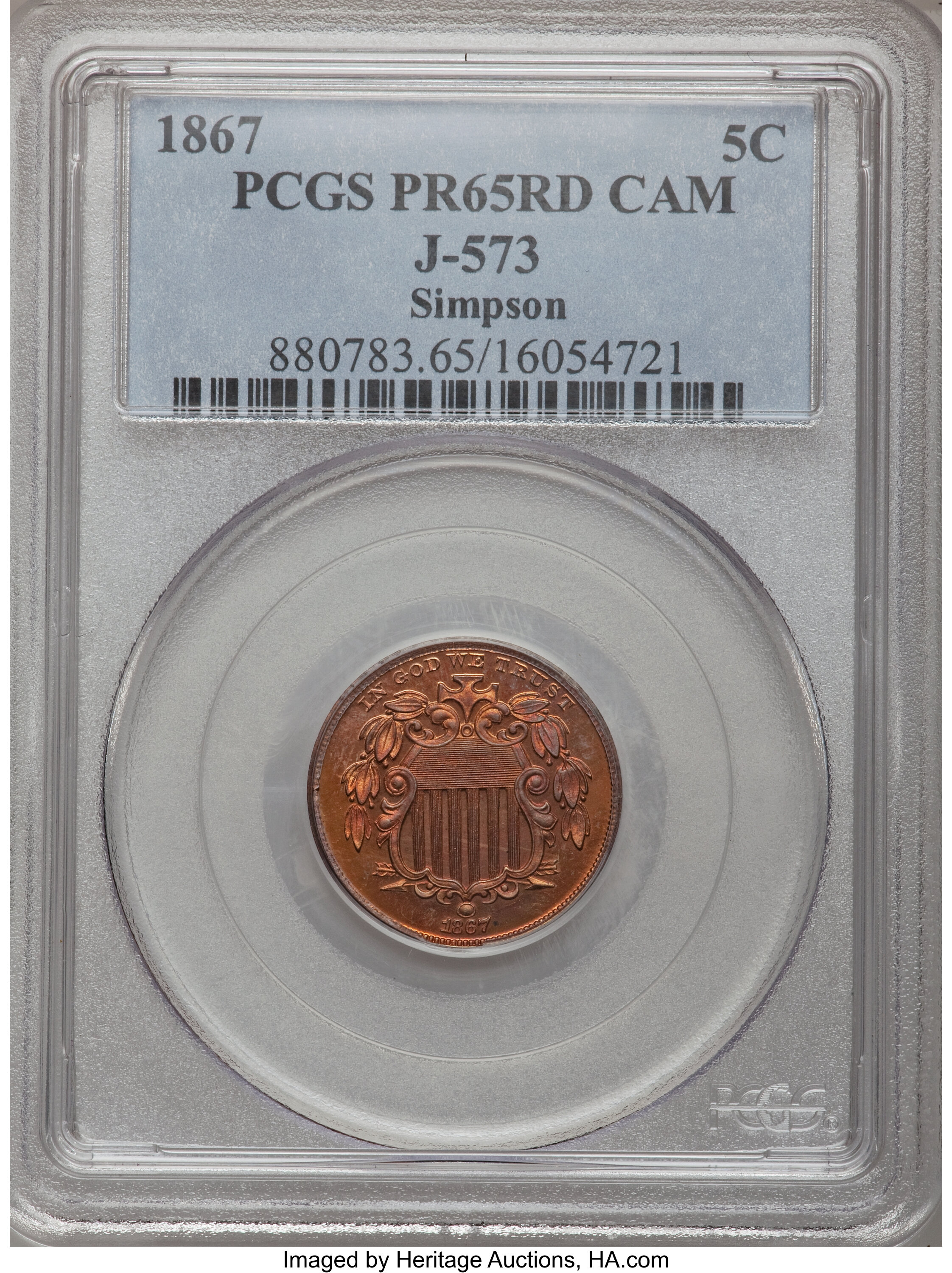image for: 1867 5C Five Cents, Judd-573, Pollock-650, R.6-7, PR65 Red Cameo PCGS....