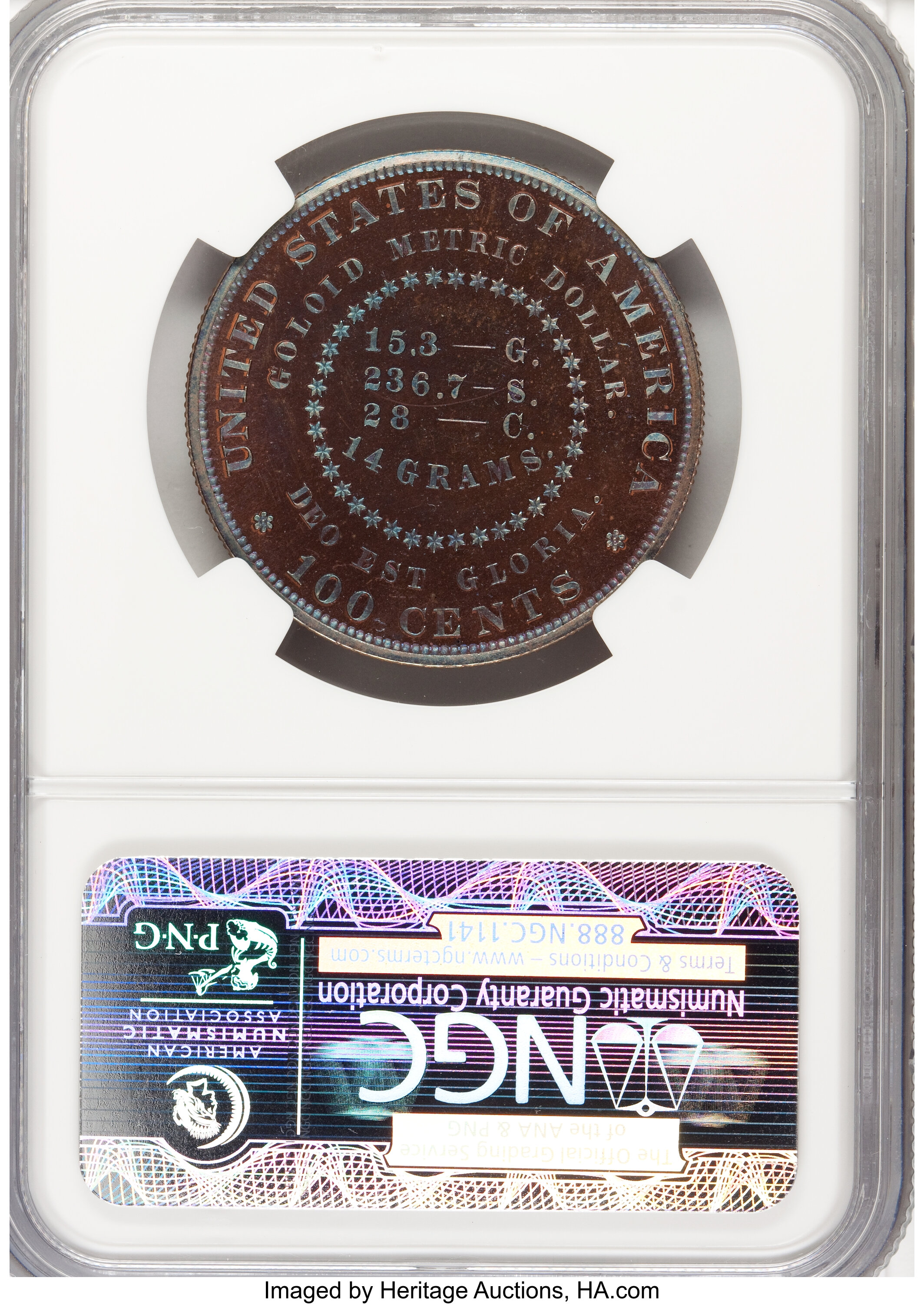 image for: 1879 $1 Goloid Metric Dollar, Judd-1628, Pollock-1824, R.7, PR67 Red and Brown NGC....