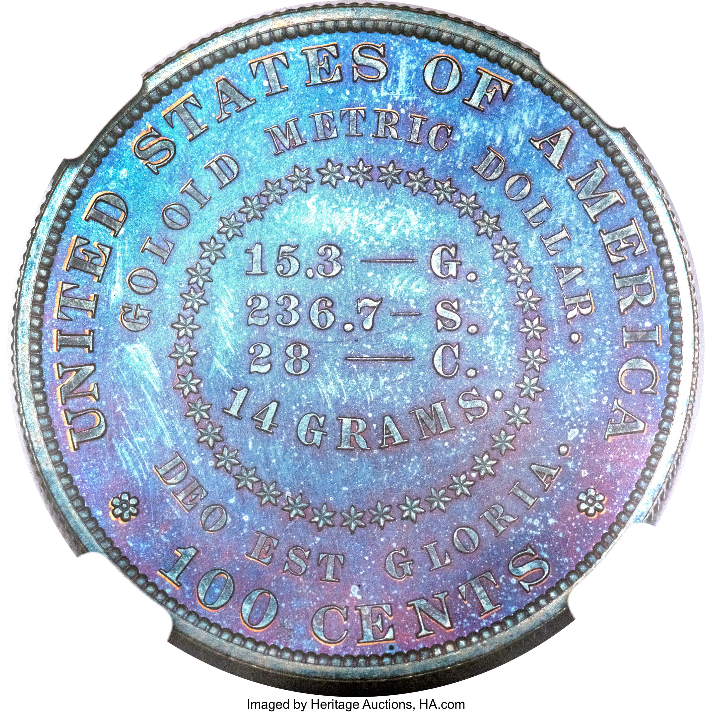 image for: 1879 $1 Goloid Metric Dollar, Judd-1628, Pollock-1824, R.7, PR67 Red and Brown NGC....