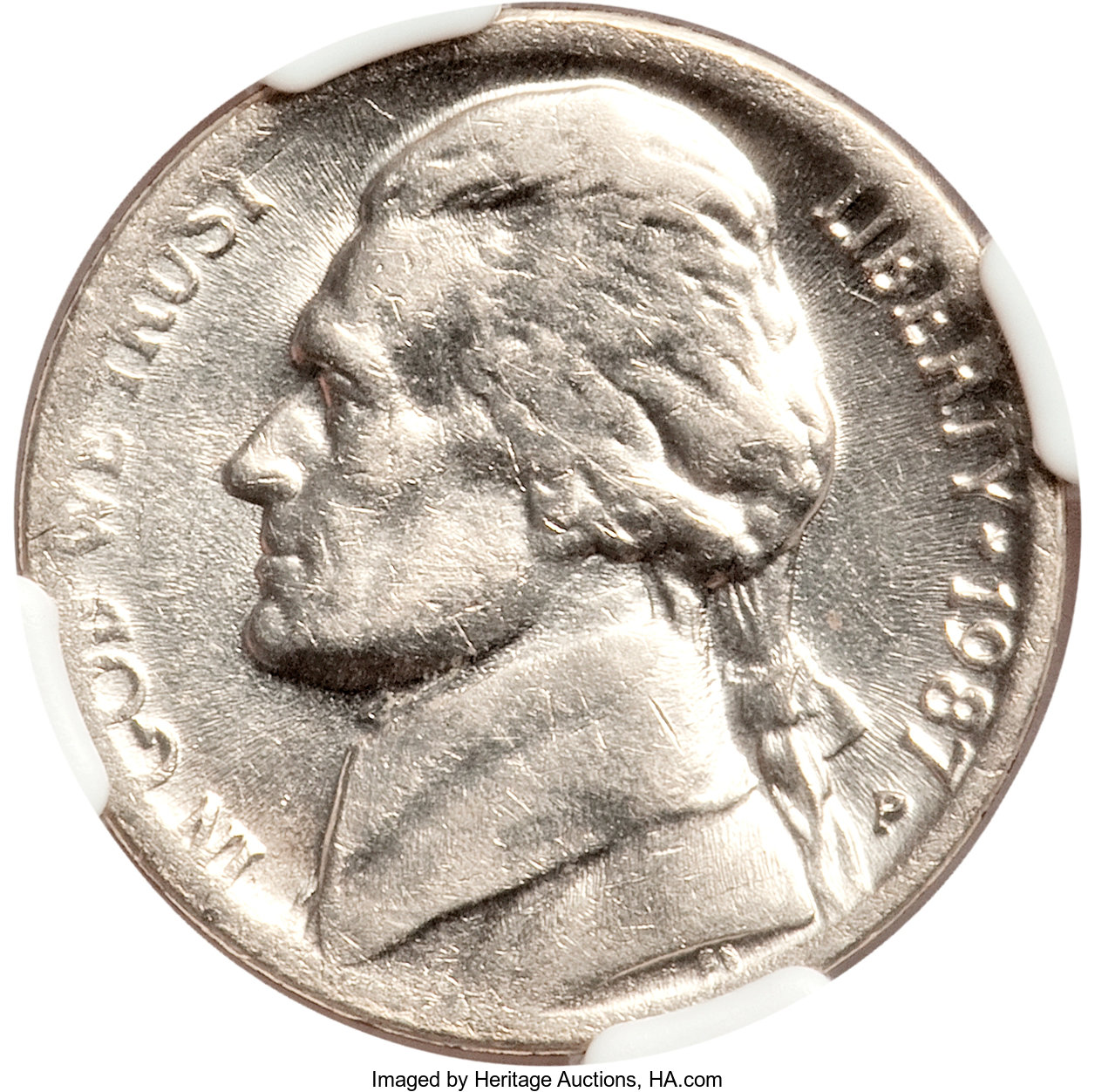 image for: 1987-P 5C Jefferson Nickel--Struck on Clad Stock--AU58 NGC....