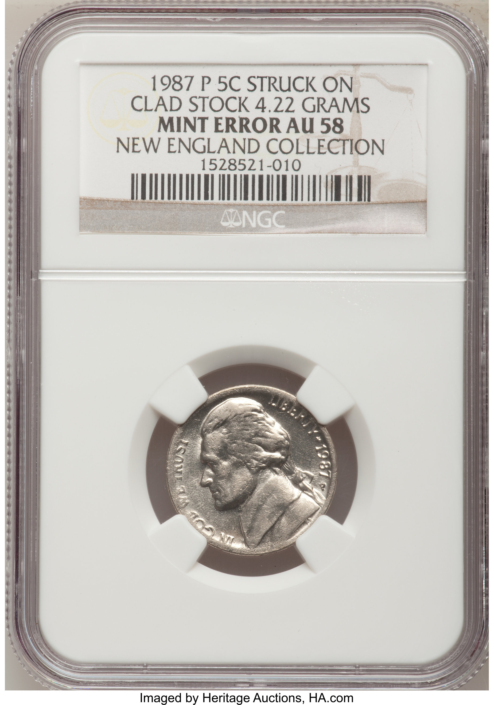 image for: 1987-P 5C Jefferson Nickel--Struck on Clad Stock--AU58 NGC....