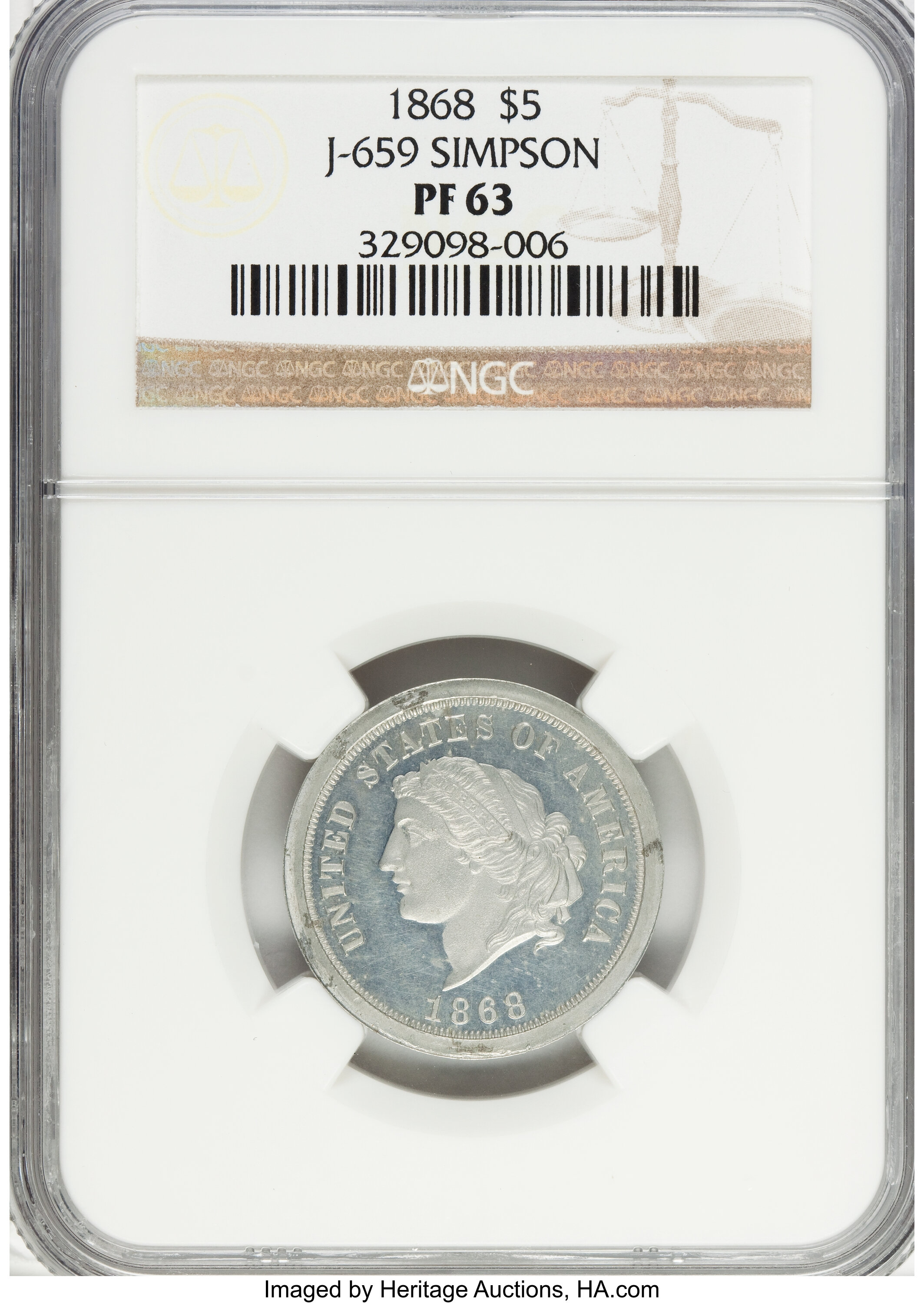 image for: 1868 $5 Dual Denomination $5-25 Francs, Judd-659, Pollock-732, Low R.7, PR63 NGC....