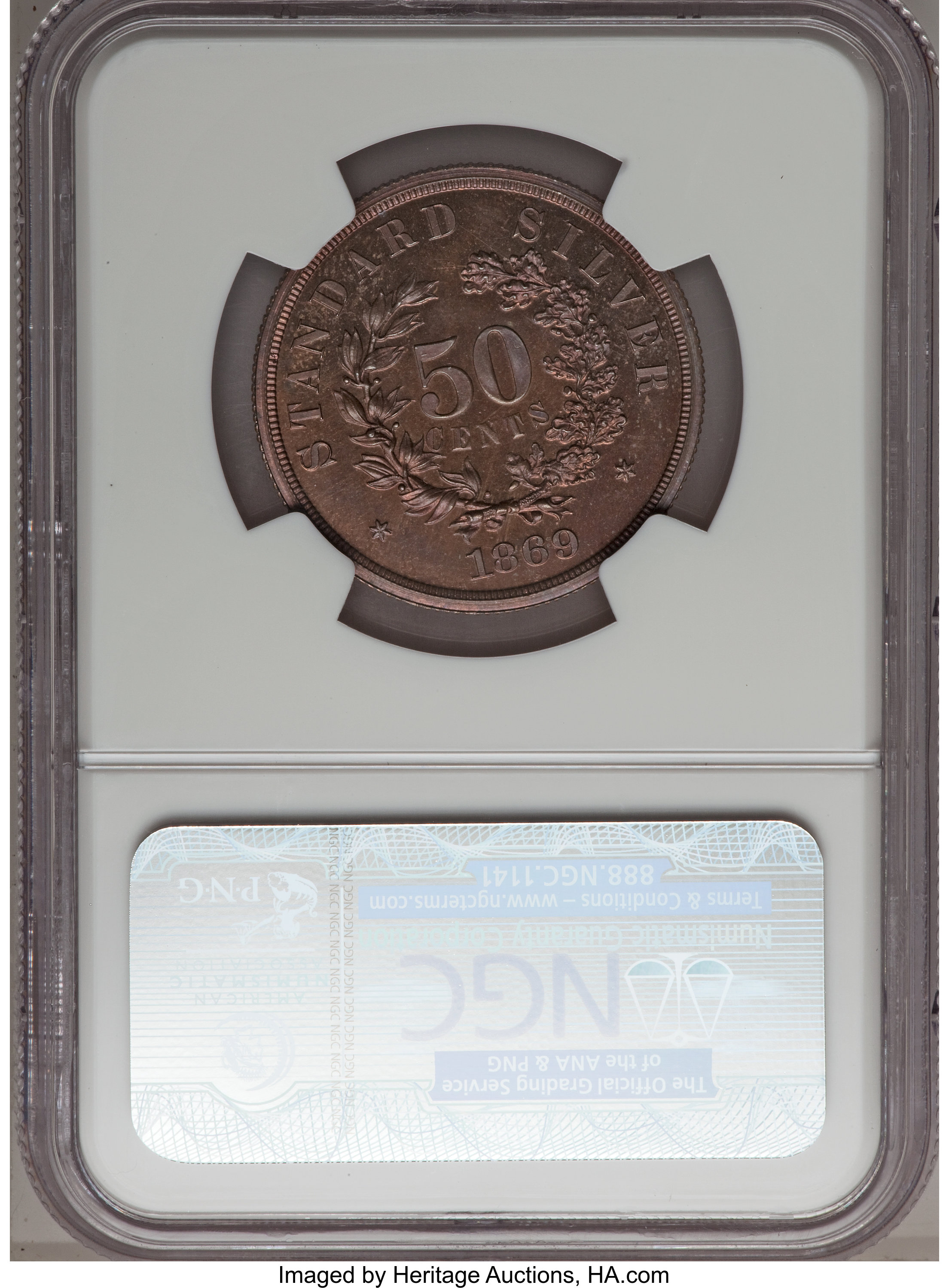 image for: 1869 50C Standard Silver Half Dollar, Judd-750, Pollock-833, R.7, PR66 Red and Brown NGC....