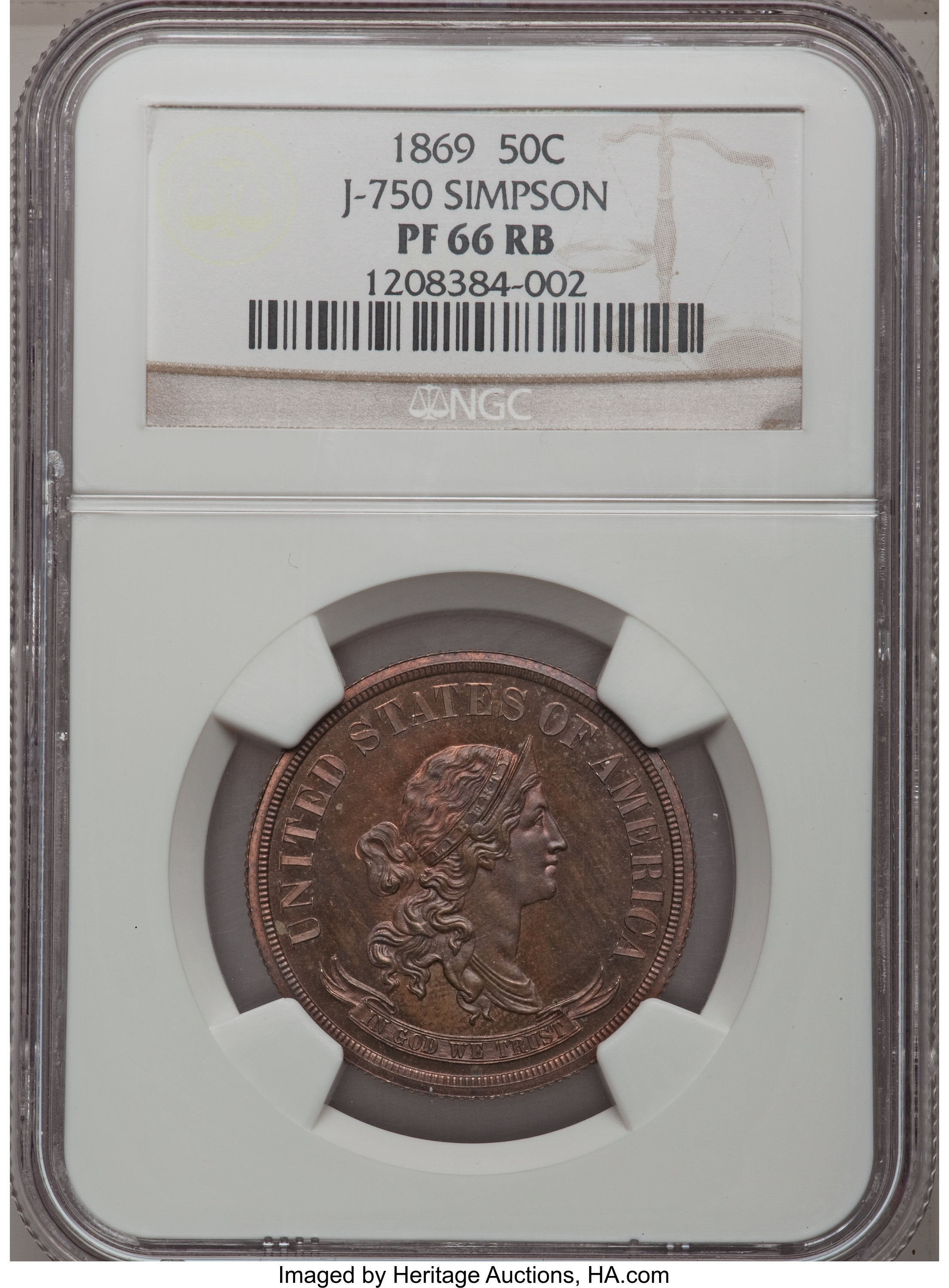 image for: 1869 50C Standard Silver Half Dollar, Judd-750, Pollock-833, R.7, PR66 Red and Brown NGC....