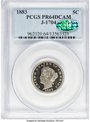 image for: 1883 5C Liberty Head Five Cents, Judd-1704, Pollock-1908, Low R.6, PR64 Deep Cameo PCGS. CAC....