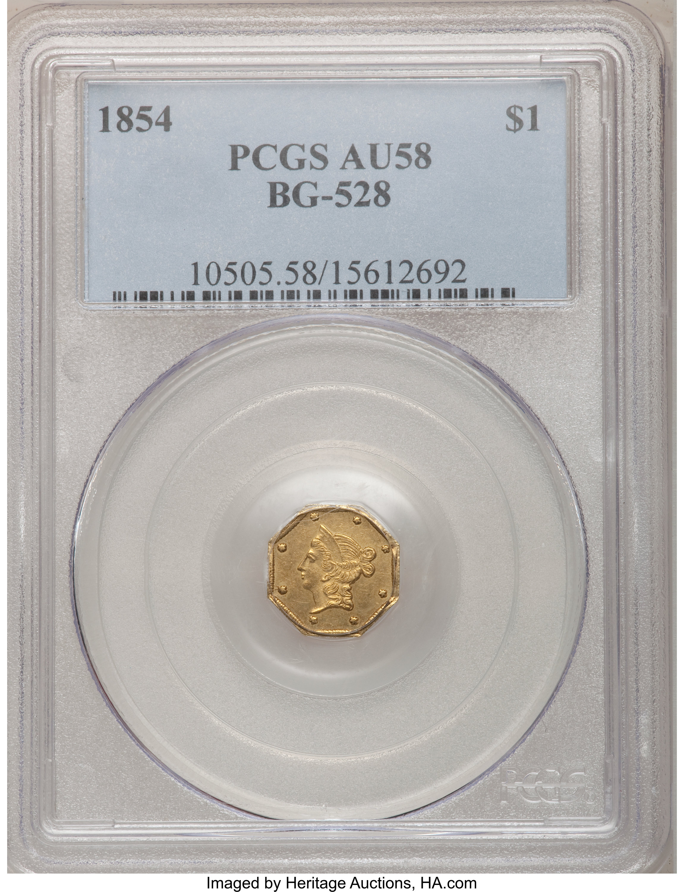 image for: 1854 $1 Liberty Octagonal 1 Dollar, BG-528, R.6, AU58 PCGS....