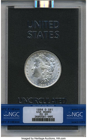 image for: 1884-O $1 MS65 NGC. NGC Census: (17398/1943). PCGS Population (12835/1278). Mintage: 9,730,000. Numismedia Wsl. Price for p...