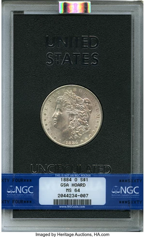 image for: 1884-O $1 GSA HOARD MS64 NGC. Box included. NGC Census: (126/32). PCGS Population (0/3)....