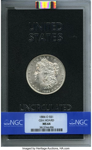 image for: 1884-O $1 GSA Hoard MS64 NGC. With Original Box & Certificate. NGC Census: (129/32). PCGS Population (3/1). Mintage: 9,...