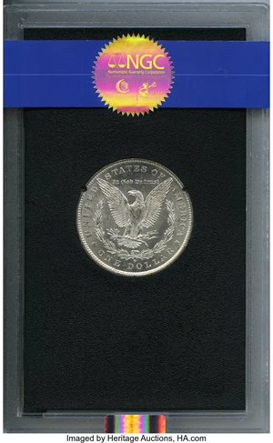 image for: 1884-O $1 GSA Hoard MS64 NGC. With Original Box & Certificate. NGC Census: (129/32). PCGS Population (3/1). Mintage: 9,...