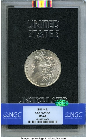 image for: 1884-O $1 GSA MS64 NGC. CAC. NGC Census: (154/34). PCGS Population: (3/3). MS64. Mintage 9,730,000. ...