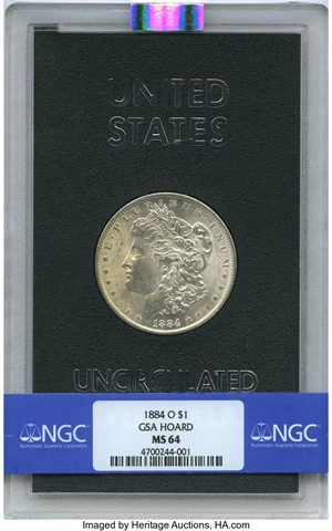 image for: 1884-O $1 GSA MS64 NGC. NGC Census: (155/34). PCGS Population: (3/3). MS64. Mintage 9,730,000. ...