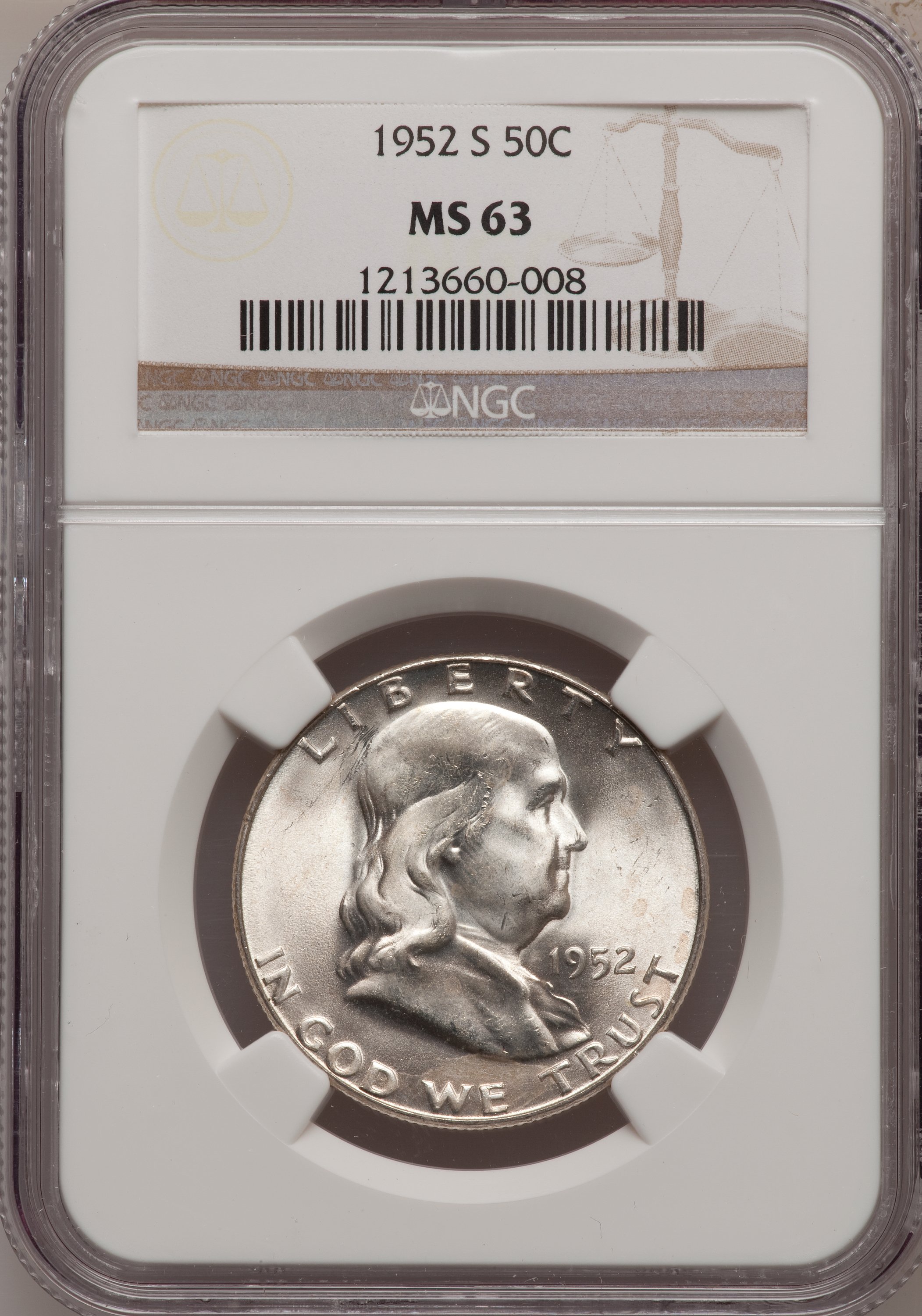1952-S 50C MS63 NGC. NGC Census: (78/1538). PCGS Population (137/2568). Mintage: 5,526,000. Numismedia Wsl. Price for probl...