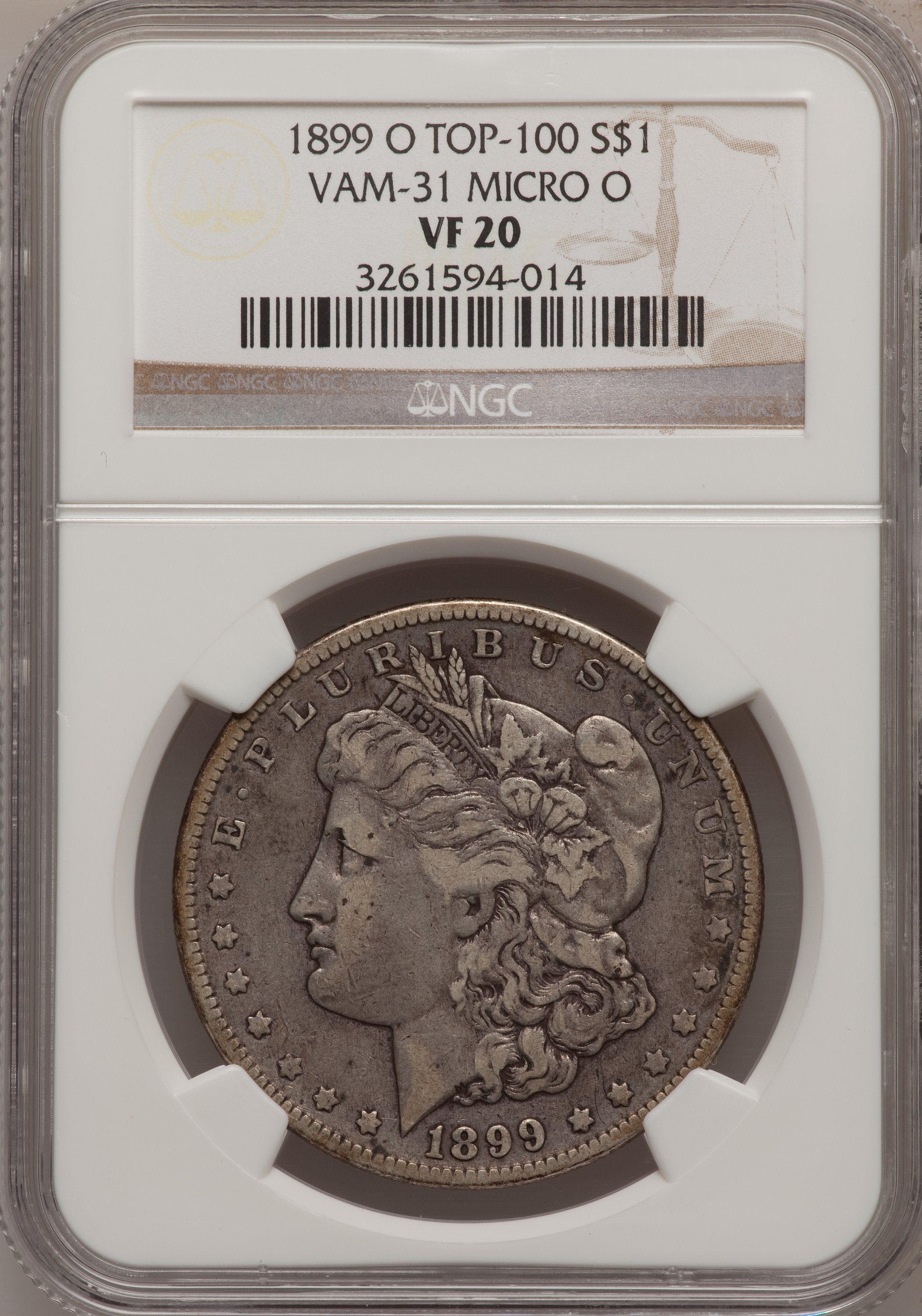 1899-O $1 Micro O VF20 NGC. Top-100. Vam-31. NGC Census: (7/38369). PCGS Population (1/41930). Mintage: 12,290,000. Numisme...