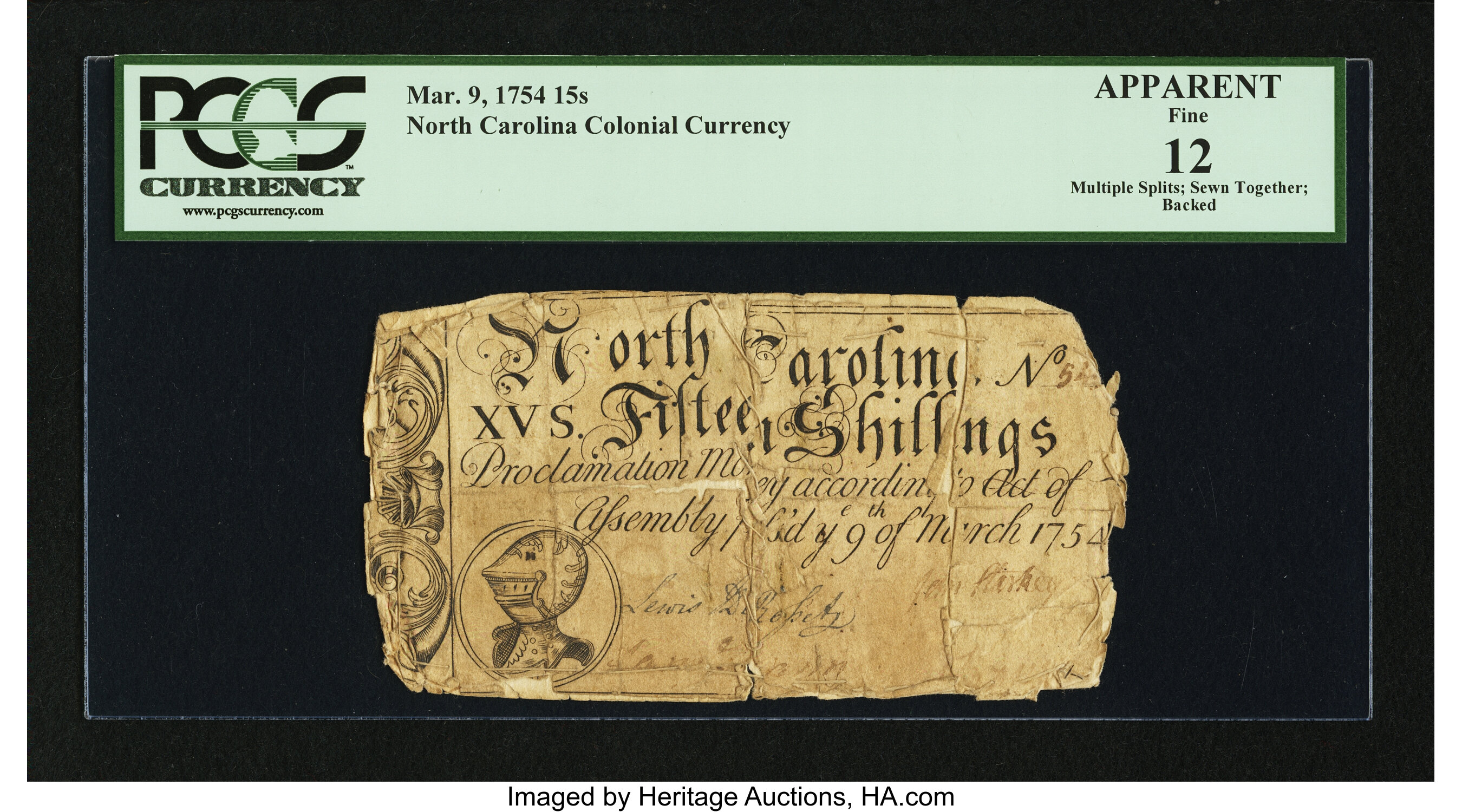 image for: North Carolina March 9, 1754 15s PCGS Apparent Fine 12....