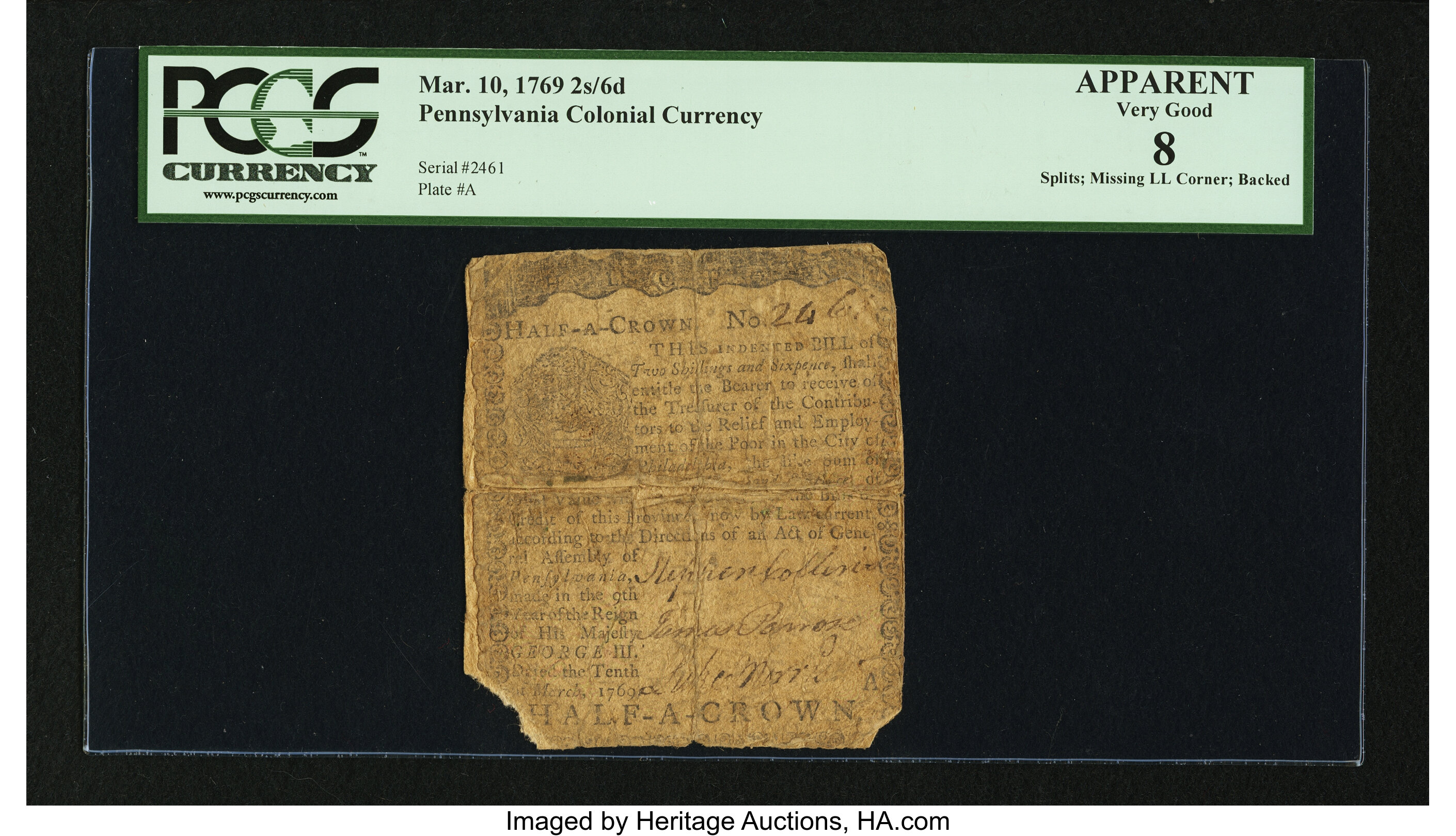 image for: Pennsylvania March 10, 1769 2s 6d PCGS Apparent Very Good 08....