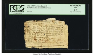 image for: North Carolina 1756 - 1757 (written dates) £5 PCGS Apparent Fine 15....