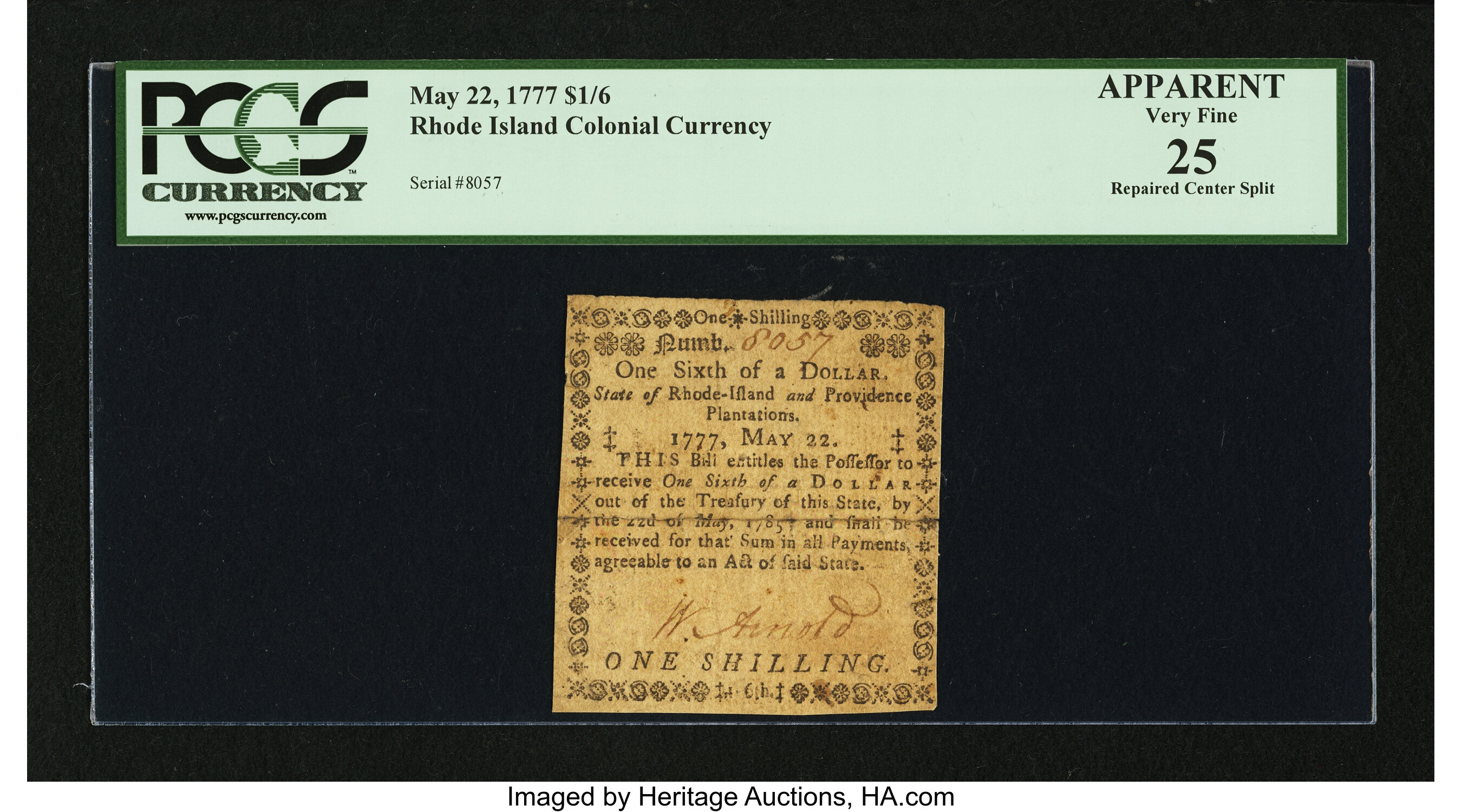 image for: Rhode Island May 22, 1777 $1/6 PCGS Apparent Very Fine 25....