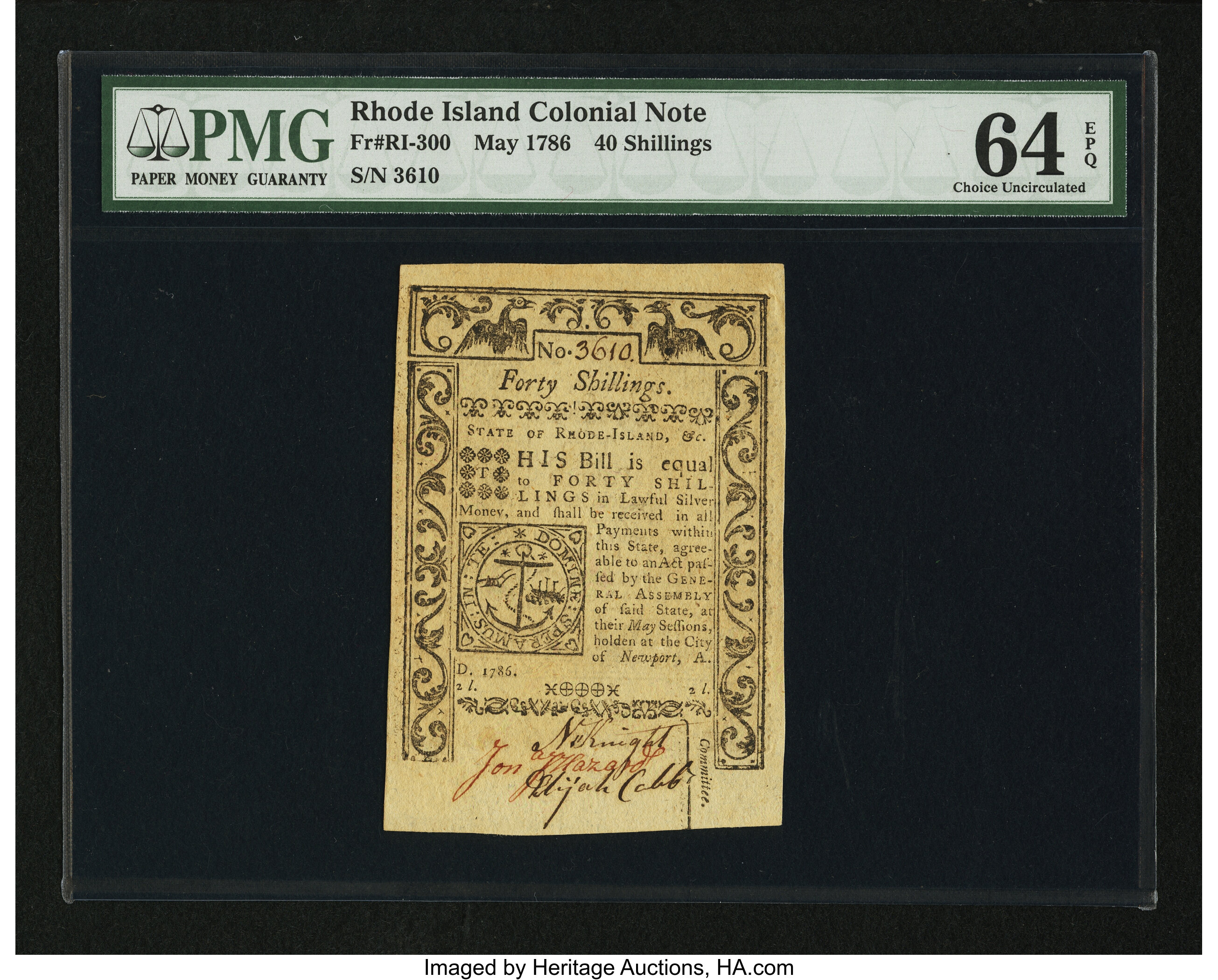 image for: Rhode Island May 1786 40s PMG Choice Uncirculated 64 EPQ....
