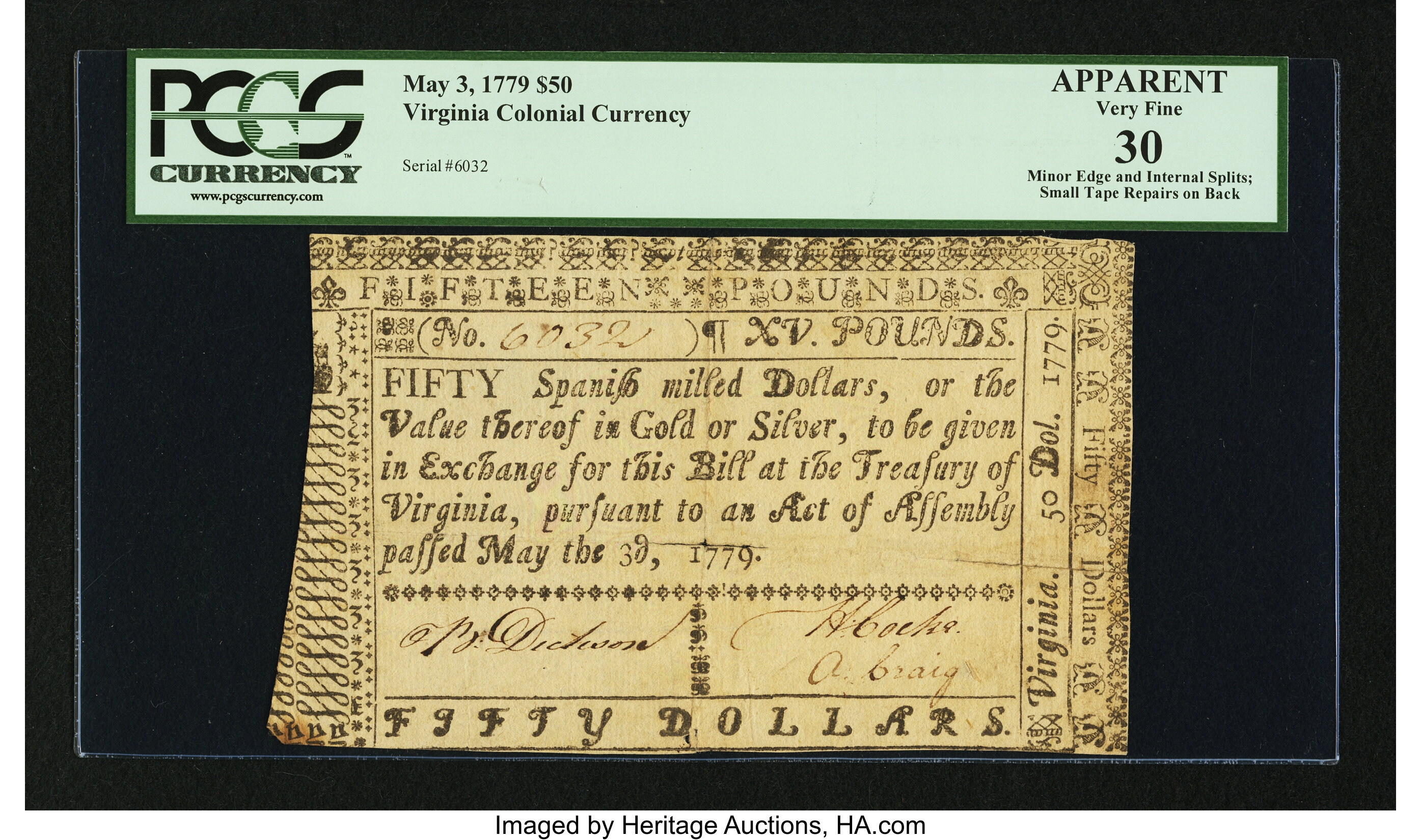 image for: Virginia May 3, 1779 $50 PCGS Apparent Very Fine 30....